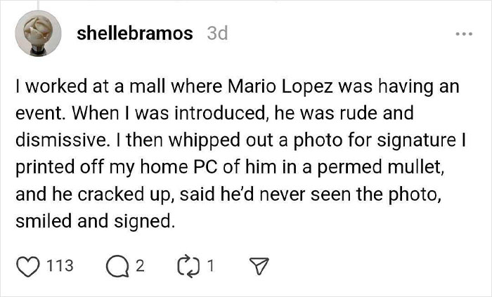 Social media post recounting a meeting with Mario Lopez where he laughs and signs a photo of himself in a permed mullet.