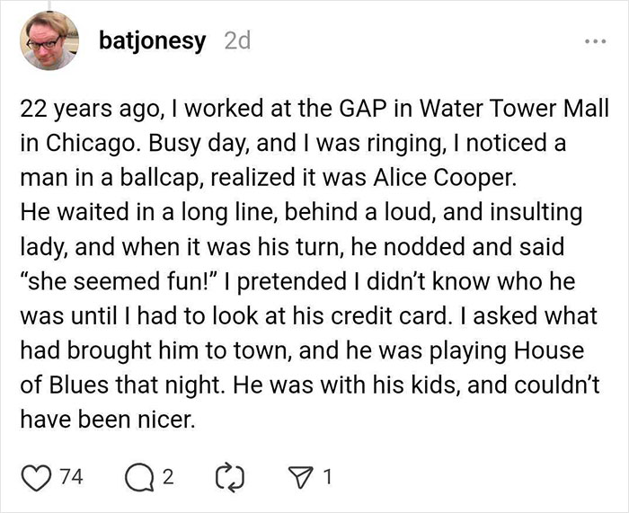 Story of meeting a celebrity at GAP in Chicago, featuring a memorable encounter with Alice Cooper.