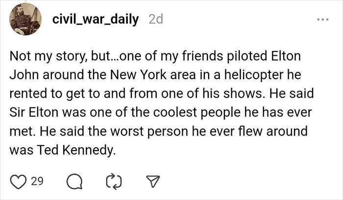 A text post about a pilot's experience flying celebrities, praising Elton John.