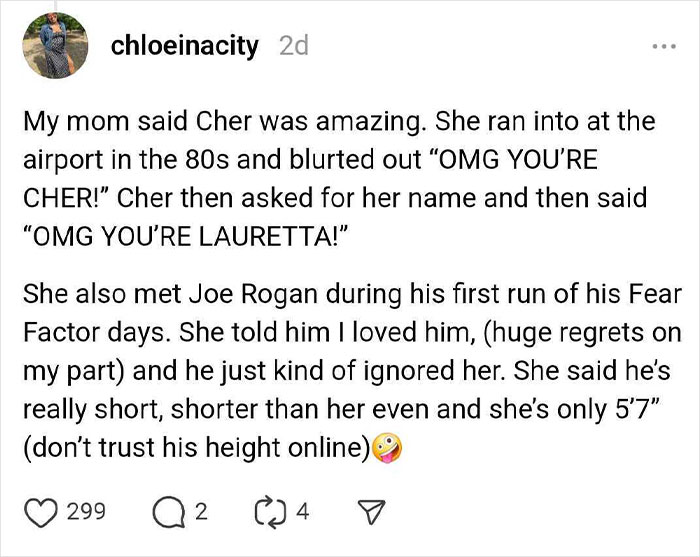 "Chloe shares funny celebrity meeting stories with Cher and Joe Rogan."