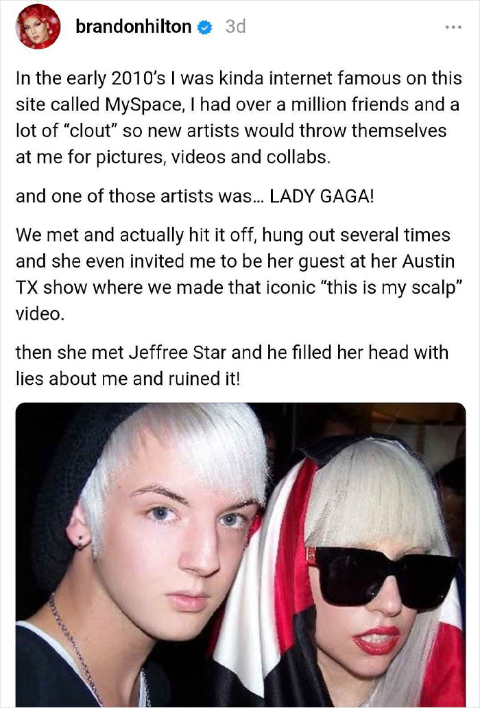 Person with white hair posing with a celebrity in sunglasses, shared in a story about meeting celebrities.