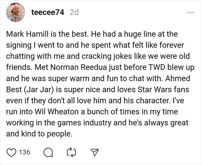 "Post by user sharing stories of meeting celebrities like Mark Hamill, highlighting best and worst encounters."