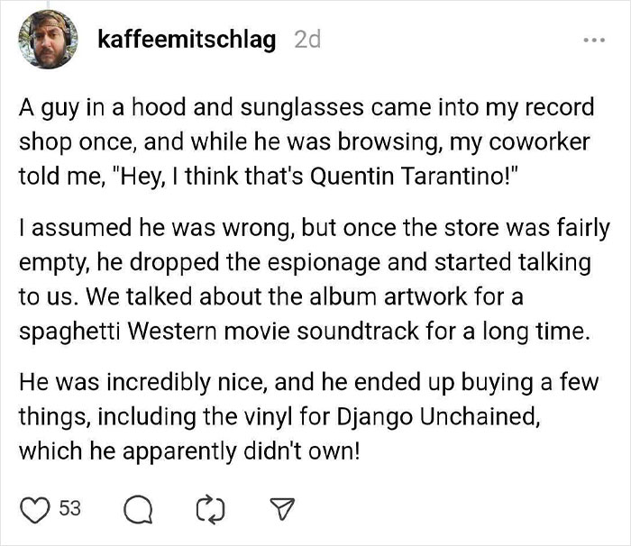 Text post about a person meeting a celebrity in a record shop, sharing their positive story.
