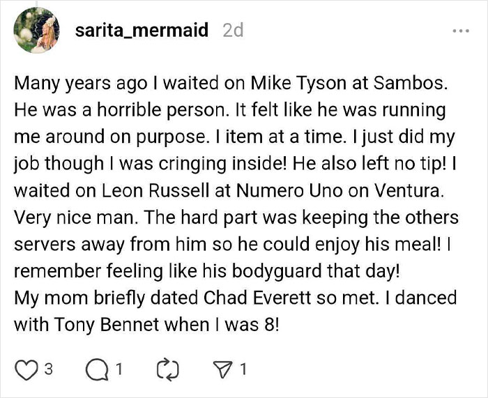 Social media post sharing stories of meeting celebrities like Mike Tyson and Leon Russell.