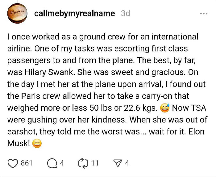 Celebrity encounters shared by ground crew, highlighting Hilary Swank as the best and Elon Musk as the worst.