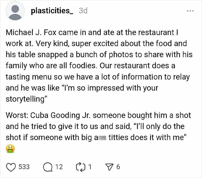 "Text post sharing best and worst celebrity encounters at a restaurant, highlighting experiences with Michael J. Fox and Cuba Gooding Jr."