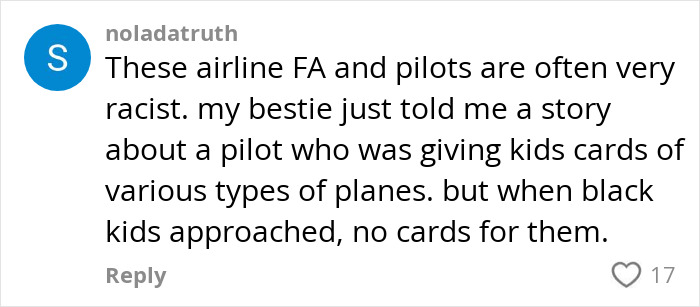 Comment expressing concern about racial bias in airline practices, discussing a story involving a Black woman on a flight. Comment expressing concern about racial bias in airline practices, discussing a story involving a Black woman on a flight.