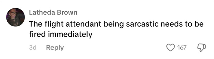 Social media comment expressing anger about sarcastic flight attendant on American Airlines. Social media comment expressing anger about sarcastic flight attendant on American Airlines.