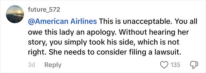 Comment criticizing American Airlines for removing black woman from first class after a complaint, suggesting apology. Comment criticizing American Airlines for removing black woman from first class after a complaint, suggesting apology.