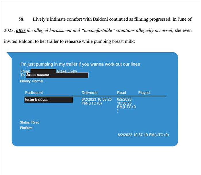 Blake Lively texts Justin Baldoni about rehearsing in her trailer while pumping breast milk.