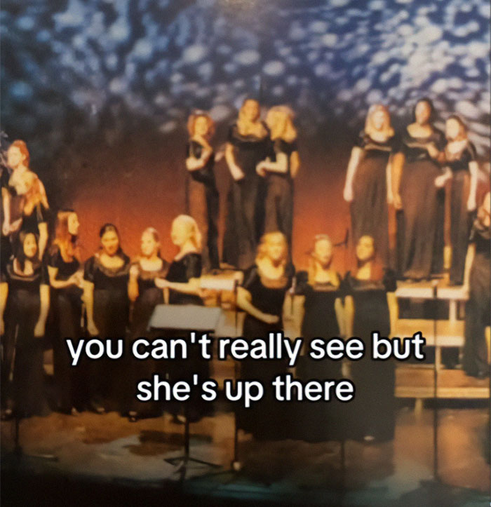 High school choir group on stage; text mentions she's up there, related to Blake Lively yearbook photos.