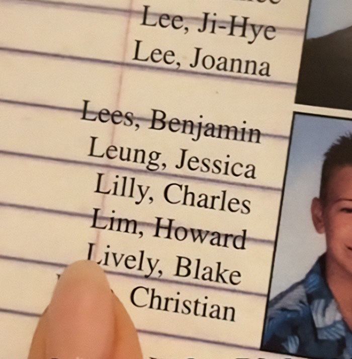 Yearbook close-up showing "Lively, Blake" with a finger pointing at the name.
