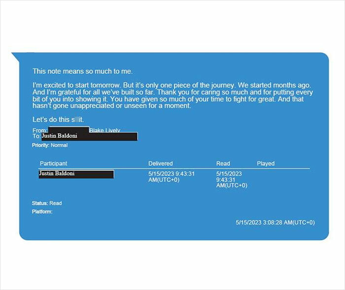 Text exchange screenshot between Blake Lively and Justin Baldoni discussing upcoming work and gratitude.