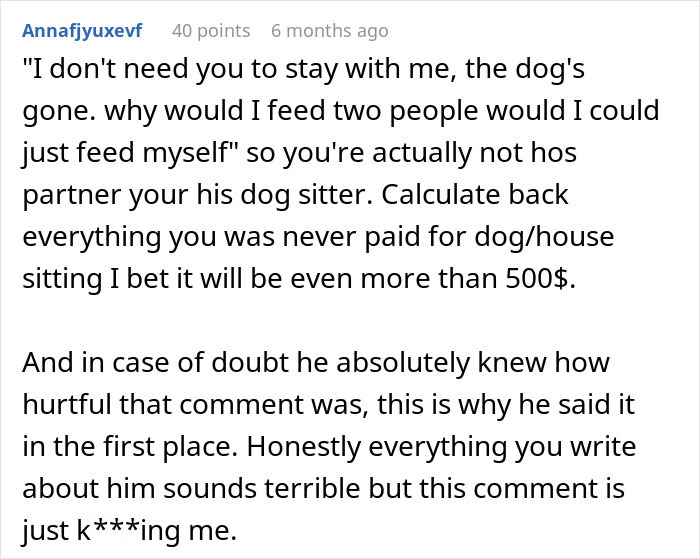 Social media comment about a woman's regret over agreeing to a "free" Europe trip with her boyfriend, mentioning financial demands.