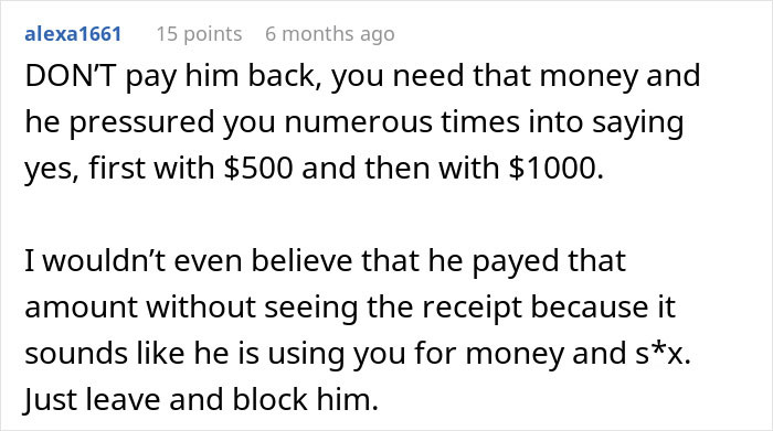 Reddit comment advising a woman not to pay her boyfriend back after regretting a "free" Europe trip agreement.