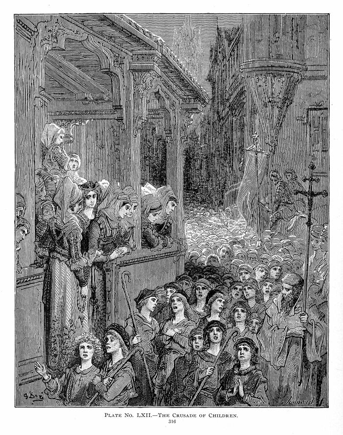 "Engraving of the Children's C*****e, an overlooked historical event with children marching and women observing from a balcony."