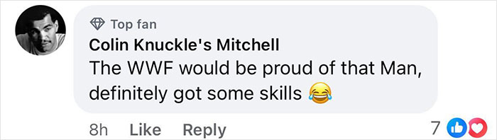 Comment about road rage incident praises man's skills, with emoji laughter reaction. Comment about road rage incident praises man's skills, with emoji laughter reaction.