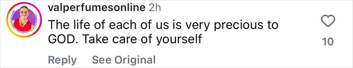 Instagram comment urging viewers to value life and take care.