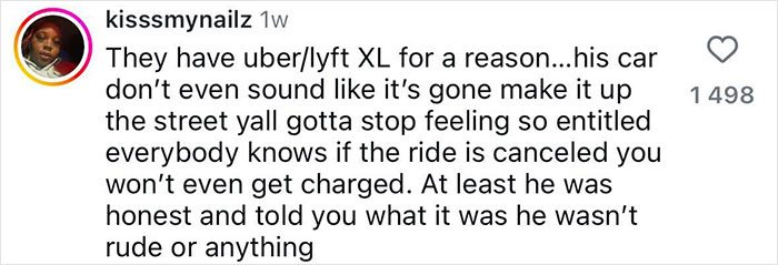 Social media comment about a Lyft XL ride concerning car capacity for plus size passenger.