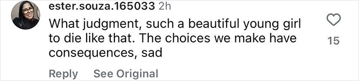 Instagram comment discussing consequences; mentions a young girl's judgment and choices, expressed as sad.