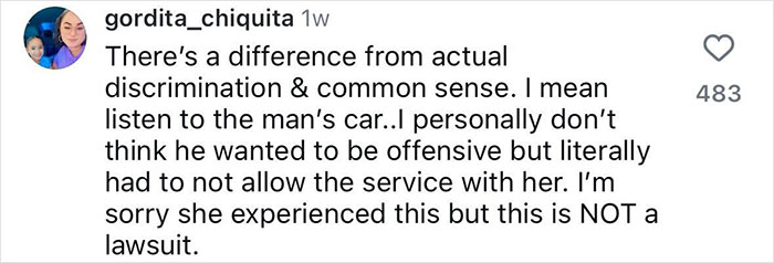 Instagram comment discussing plus-size woman's lawsuit against Lyft driver.