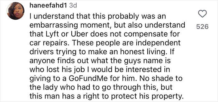 Screenshot of a comment on social media discussing the incident involving a plus size woman and a Lyft driver.