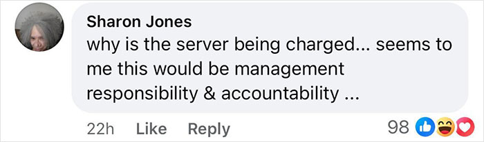 Facebook comment questioning responsibility for server in milkshake tragedy.