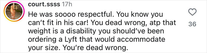 Instagram comment discussing plus size woman and Lyft driver's response.