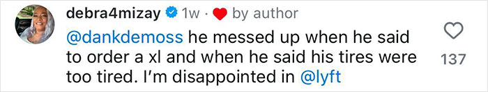 Instagram comment expressing disappointment in Lyft driver regarding plus size issues.