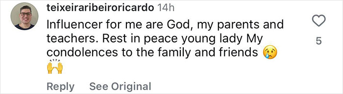 Instagram comment offering condolences and tribute to a young lady, with emojis of folded hands and a crying face.