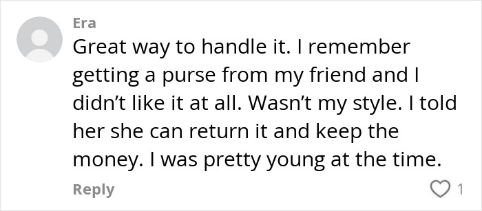 Comment about returning an unwanted gift, related to thrifted boots given to mother-in-law. Comment about returning an unwanted gift, related to thrifted boots given to mother-in-law.