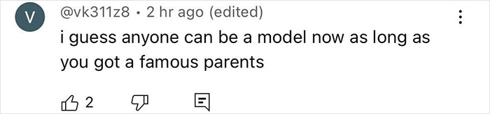 Comment screenshot about famous parents and modeling, with engagement icons below.