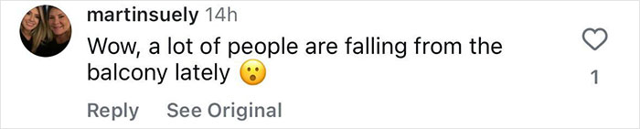 Comment about frequent balcony falls, with shocked emoji.