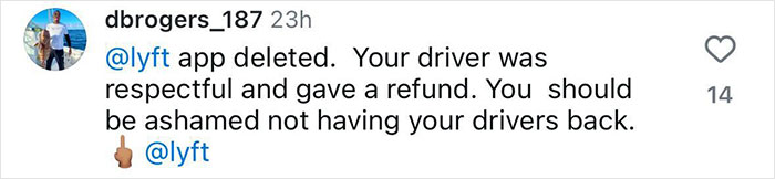 Customer comment on social media criticizing Lyft's response after a driver incident.