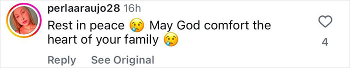 Instagram comment offering condolences with crying emojis under a post about an adult star incident.