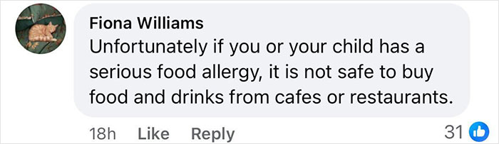 Comment raising concerns about food allergies and safety in cafes.