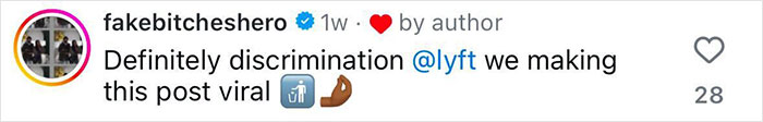Social media post criticizing Lyft for discrimination with emojis and 28 likes.