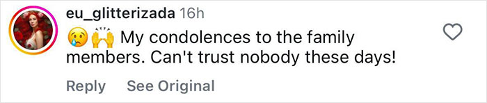 Instagram comment expressing condolences and mistrust; adult star incident reaction.