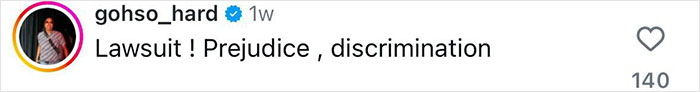 Plus-size lawsuit post with text on prejudice and discrimination, Instagram profile picture visible.