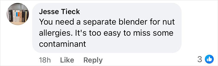 Comment discussing nut allergies and the importance of using a separate blender.