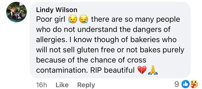Facebook comment discussing allergy risks, mentioning a girl's tragic milkshake incident.