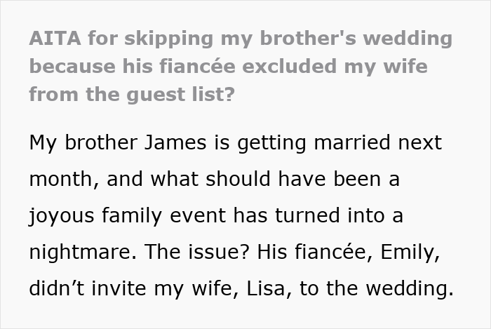 Text image discussing a family conflict over a sister-in-law not being invited to a wedding.