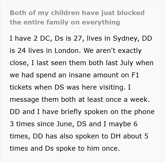 Mother seeks advice after being blocked by children living abroad, communication issues detailed.
