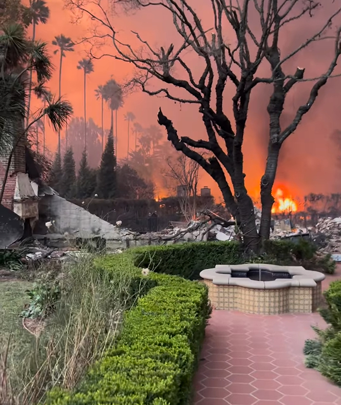Wildfire near a landscaped garden with palm trees silhouetted against an orange sky. Wildfire near a landscaped garden with palm trees silhouetted against an orange sky.