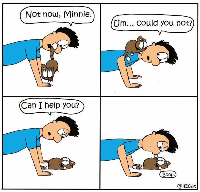 Comic illustration of a cat on owner's back, depicting relatable cat moments.