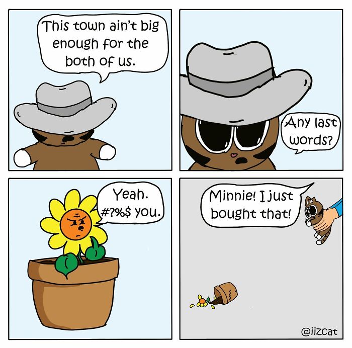 Comic of a cat in sunglasses, a potted flower, and a spilled pot illustrating relatable cat moments.