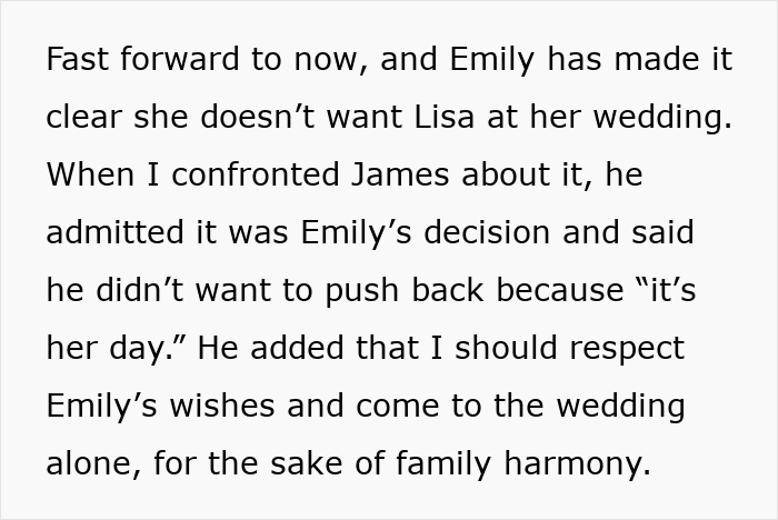 Emily excludes SIL from wedding to maintain harmony, as James urges understanding of bride's decision.