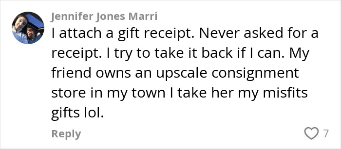 Facebook comment about attaching a gift receipt for thrifted gift exchanges. Facebook comment about attaching a gift receipt for thrifted gift exchanges.