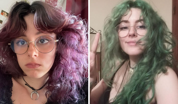 Woman with Changing Hair Color from purple to green, wearing glasses and a black necklace.