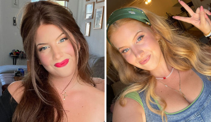 Two women showcasing different looks with changing hair color; one with dark hair, the other with blonde.